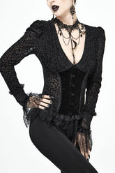 lack Gothic Flocking V-Neck Front Splice Velvet Long Sleeve Lace Hem Women's Blouse